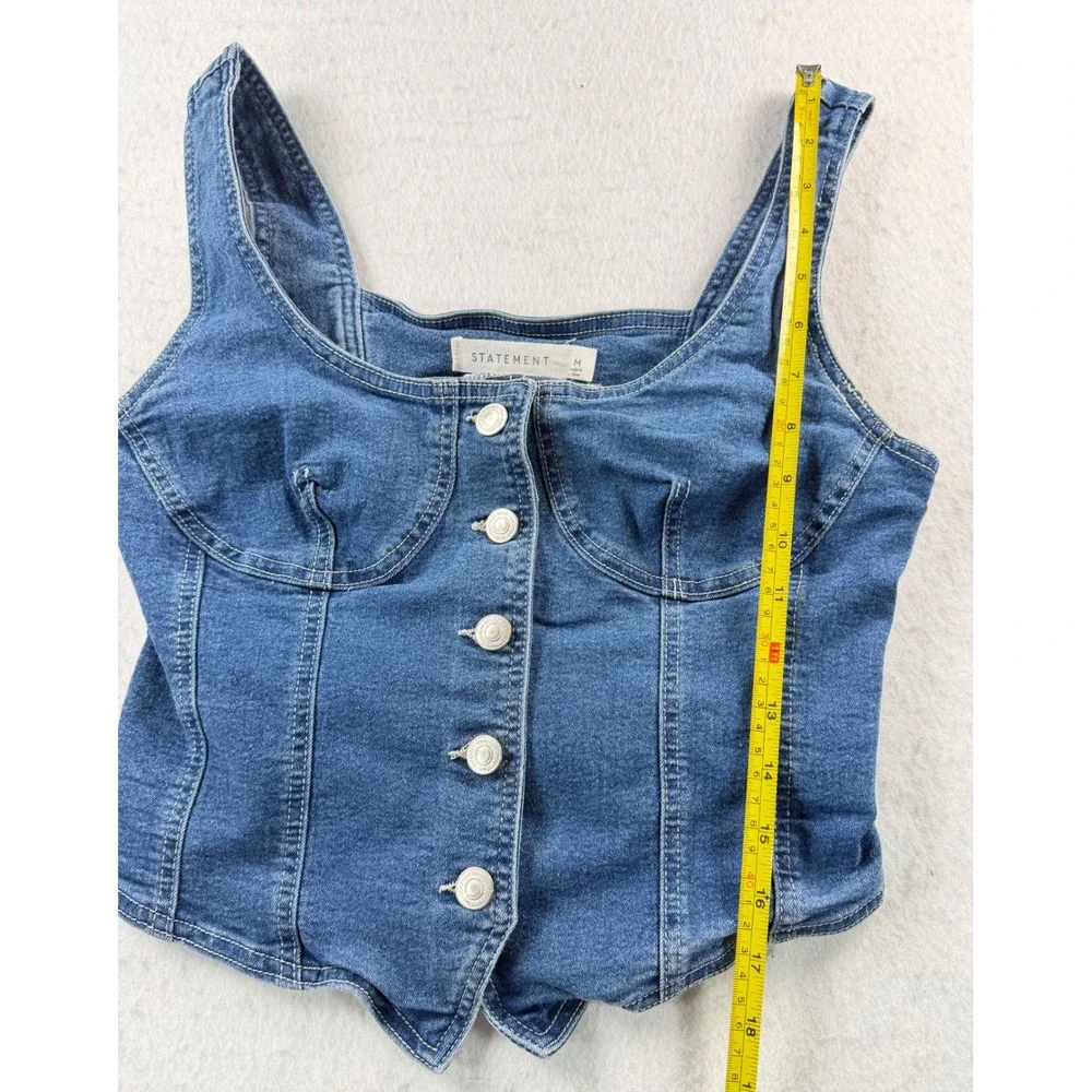 Statement Denim Button Front Corset Bustier Crop Top Medium Wash Medium